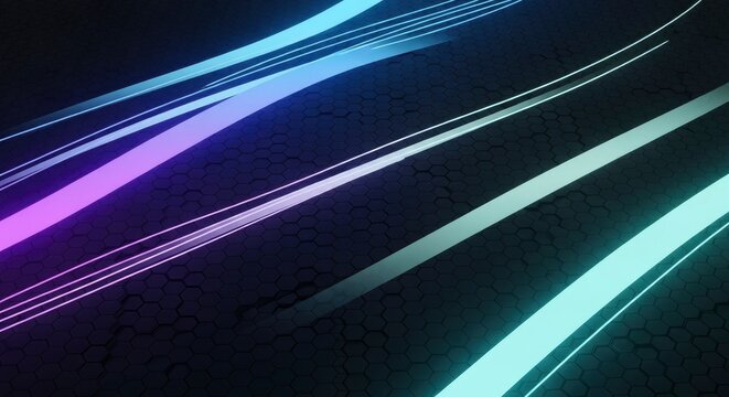 Glowing diagonal bands in shades of blue purple and green traverse a dark surface textured with a hexagonal grid pattern