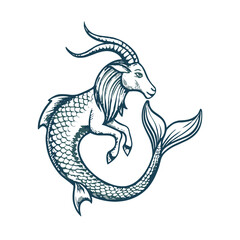 Capricorn zodiac sign illustration in vintage style featuring a goat mermaid design