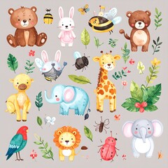 Cute watercolor animals in a jungle setting © mahadewi