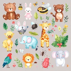 Cute watercolor animals in a jungle setting © mahadewi
