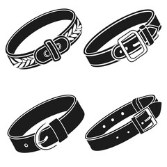 Four black belt and buckle icons silhouette fashion