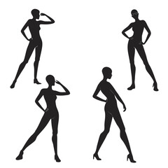 Four black female fashion mannequin silhouettes vector