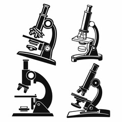 Four black microscopes on white laboratory science