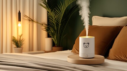 A bear-shaped humidifier gently releases mist while providing warm yellow light in a cozy bedroom environment at night
