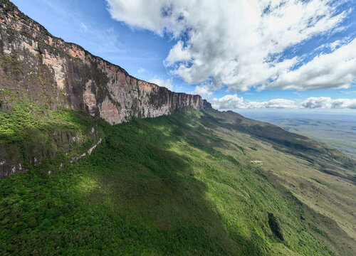 Aerial view of the majestic Mount Roraima's flat plateau casting shadows on lush, vibrant green slopes under a sky dotted with fluffy clouds, Roraima, Canaima, Venezuela.