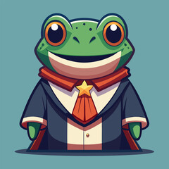 frog judge smiles proudly while holding a gavel in cartoon style