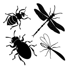 Four insect silhouettes black and white dragonfly