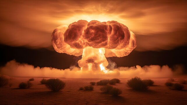 Massive mushroom cloud erupts in fiery explosion over desolate desert landscape