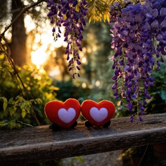 Two red hearts rest on a weathered wooden bench, bathed in the golden light of the setting sun, amidst a backdrop of cascading purple wisteria.