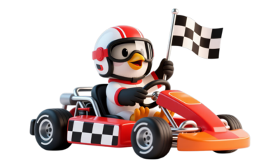 Red Go-Kart with Checkered Flag, 3D Realism Illustration with Transparent Background