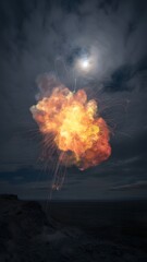 Dramatic nighttime explosion illuminates sky with fiery bursts and moonlit clouds