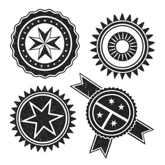 Grunge style badge emblems with geometric stars and sunburst