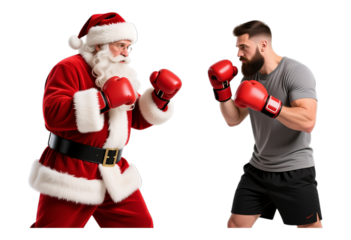 Santa Claus Boxing with Red Gloves, Crimson Illustration on Transparent Background