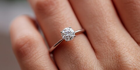 Close-up of a woman's finger wearing an engagement diamond ring with a silver band, concept for wedding jewelry, bridal advertisement and luxury gift idea