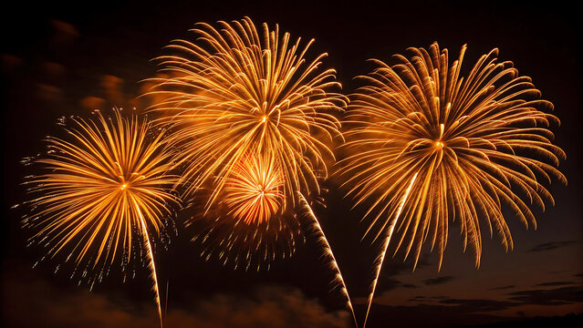 Spectacular golden orange fireworks exploding in a dark night sky