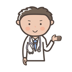 Fototapeta premium 案内や説明をしているイメージの男性医師の上半身イラスト