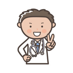 笑顔でピースをする男性医師の上半身イラスト