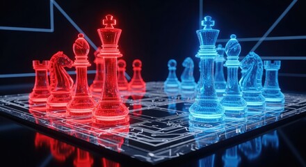 A digital chessboard with translucent red and blue chess pieces facing each other, set against a dark background with glowing circuit board patterns.