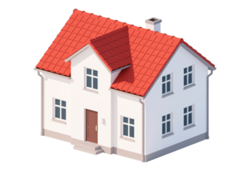 White House with Red Tiled Roof, 3D Realism Illustration with Transparent Background