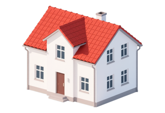 White House with Red Tiled Roof, 3D Realism Illustration with Transparent Background