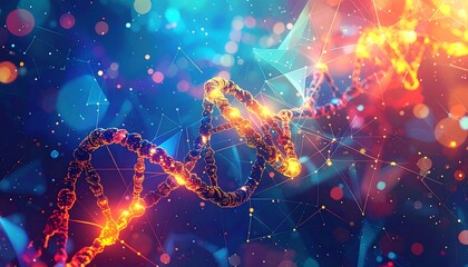 Abstract DNA helix with vibrant colors and geometric shapes
