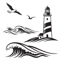 Lighthouse waves and flying birds ocean