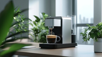 Espresso flows into a cup as cappuccino foam forms, set against a backdrop of stylish plants in a contemporary office environment