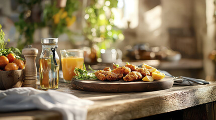 Crispy fried chicken served wooden plate with fresh greens, lemon slices, and glass of orange juice. warm, rustic setting