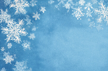 Hand-painted minimalist Christmas border with white snowflakes on light blue background, editable vector design
