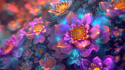 A mesmerizing digital artwork showcasing vibrant glowing flowers in radiant neon hues of purple, pink, blue, and gold, creating a magical fantasy garden that feels alive with beauty, light, and imagin