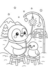 Fototapeta premium Adorable penguin and chick with magic wand coloring page illustration