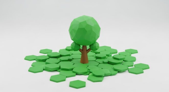 A low-poly 3D rendered tree with a brown trunk and green foliage, surrounded by scattered green hexagonal shapes on a white background.