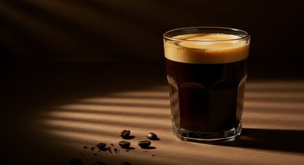 A glass of dark coffee with a thick layer of crema