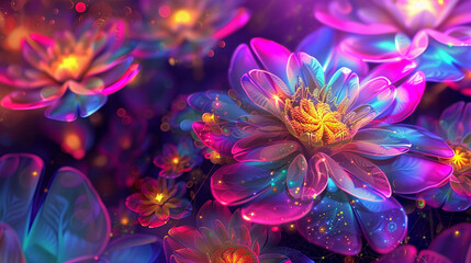 A mesmerizing digital artwork showcasing vibrant glowing flowers in radiant neon hues of purple, pink, blue, and gold, creating a magical fantasy garden that feels alive with beauty, light, and imagin