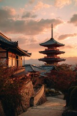 Obraz premium Golden hour view of Japanese temple architecture