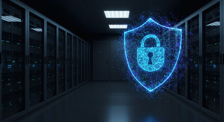 Advanced digital cybersecurity shield safeguarding critical data within a high-tech server room environment, emphasizing robust network protection and information security infrastructure