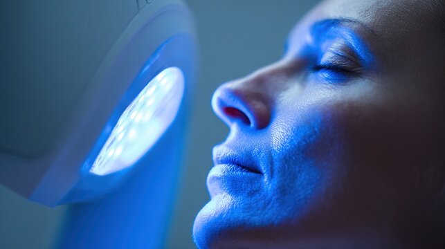 Close-up of UV light device emitting blue glow on clear skin, dermatology treatment for acne or skin disinfection, medical technology and skincare concept.
