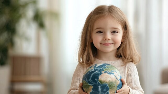 A young girl in yellow holds a globe, showcasing continents and oceans, with sunlight illuminating her joyful expression in an office setting