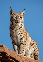 Obraz premium Eurasian lynx perched on red rock under clear blue sky—alert, majestic, and framed by vivid natural contrast in a wild mountain setting.