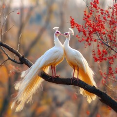 Two beautiful white peacocks with vibrant red berries in a romantic embrace on a tree branch, displaying their long, radiant tails illuminated by sunlight.