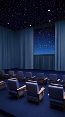 A cozy home cinema features plush armchairs, a large screen, and an LED panel depicting a starry sky, creating a perfect movie-watching atmosphere