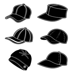 Six black hat silhouettes various styles beret fedora