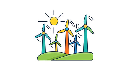 Colorful Cartoon Wind Turbines on a Green Hillside.