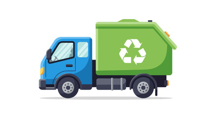 Blue and Green Recycling Truck with Recycle Symbol on the Side.