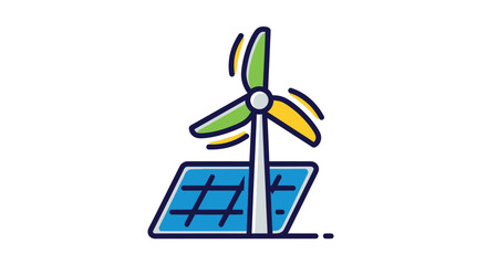 A colorful line art icon of a spinning wind turbine and a blue solar panel representing renewable energy.