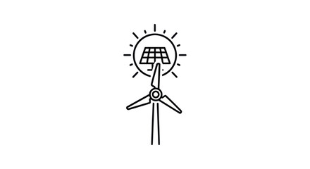 Icon of a wind turbine and solar panel under a sun.