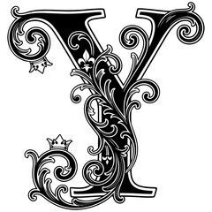 Y → Elegant calligraphy letter A, decorative flourishes Vector