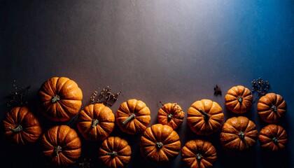 pumpkins of different sizes on a dark background with space for text