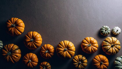 pumpkins of different sizes on a dark background with space for text