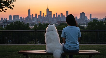 Fototapeta premium Woman and dog watch city sunset from park bench